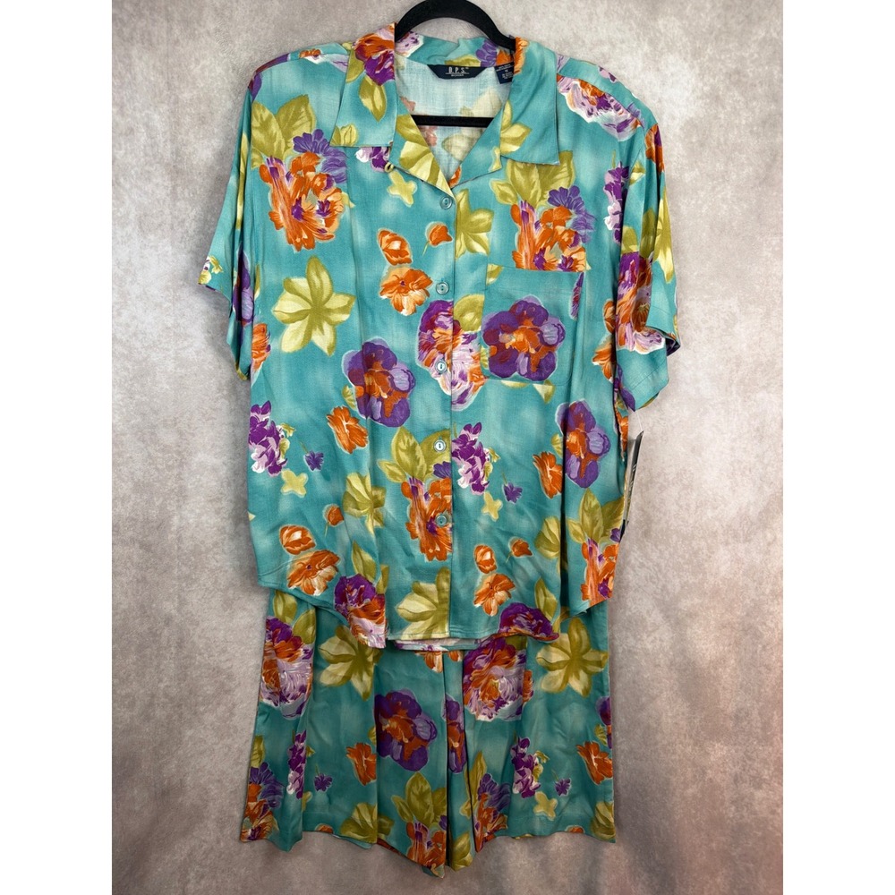 NWT VTG DPS Woman Norton McNaughtin Floral 2 pc Button Up Shirt Short Rayon 1X